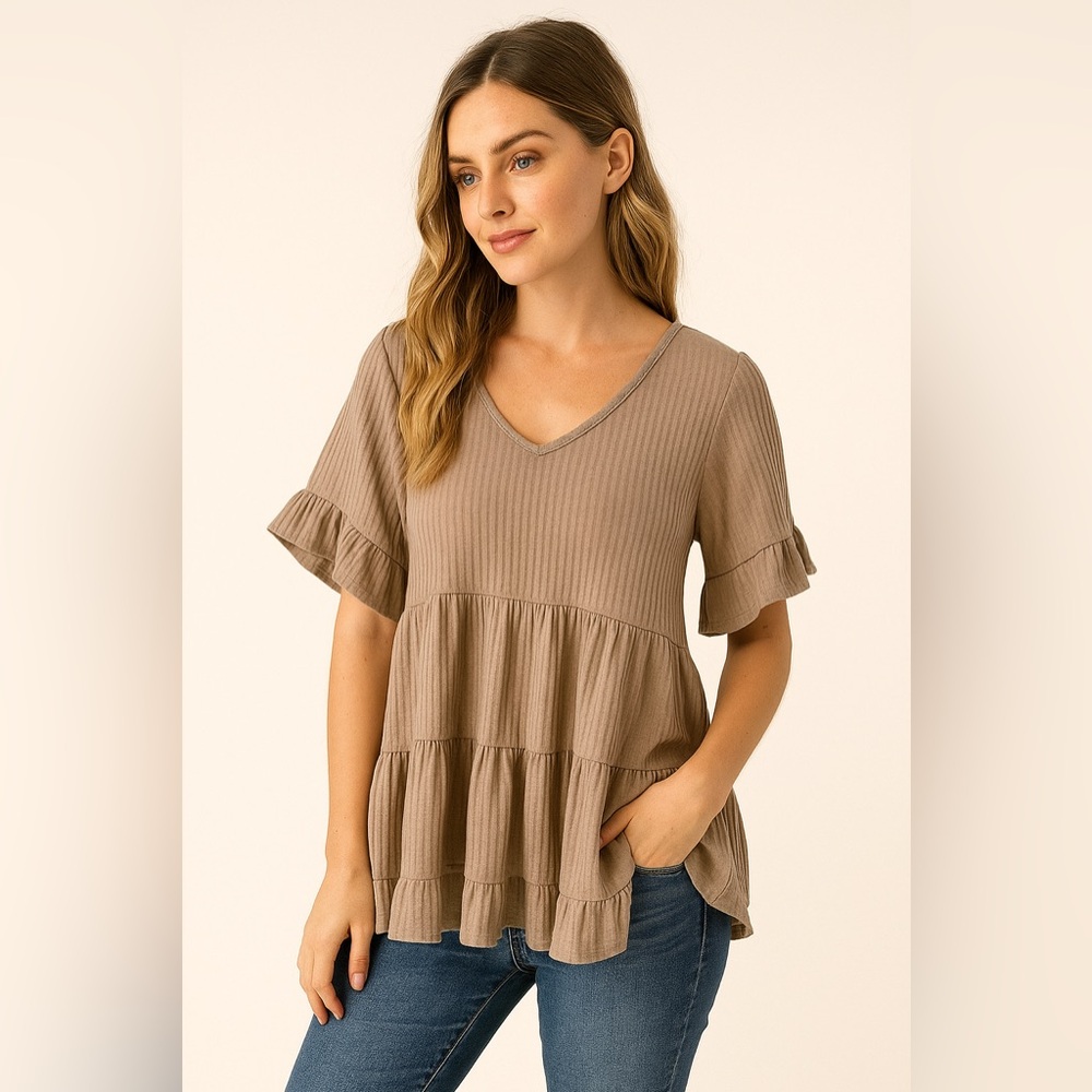 Altar'd State Taupe Ruffle Sleeve Waffle Knit Boho Blouse
